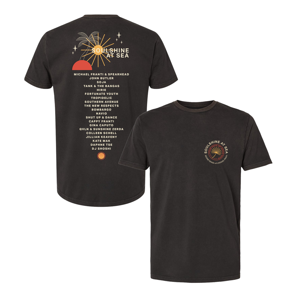 Official Michael Franti Merchandise. 100% airlume combed and ringspun cotton with Soulshine at Sea cruise graphic.